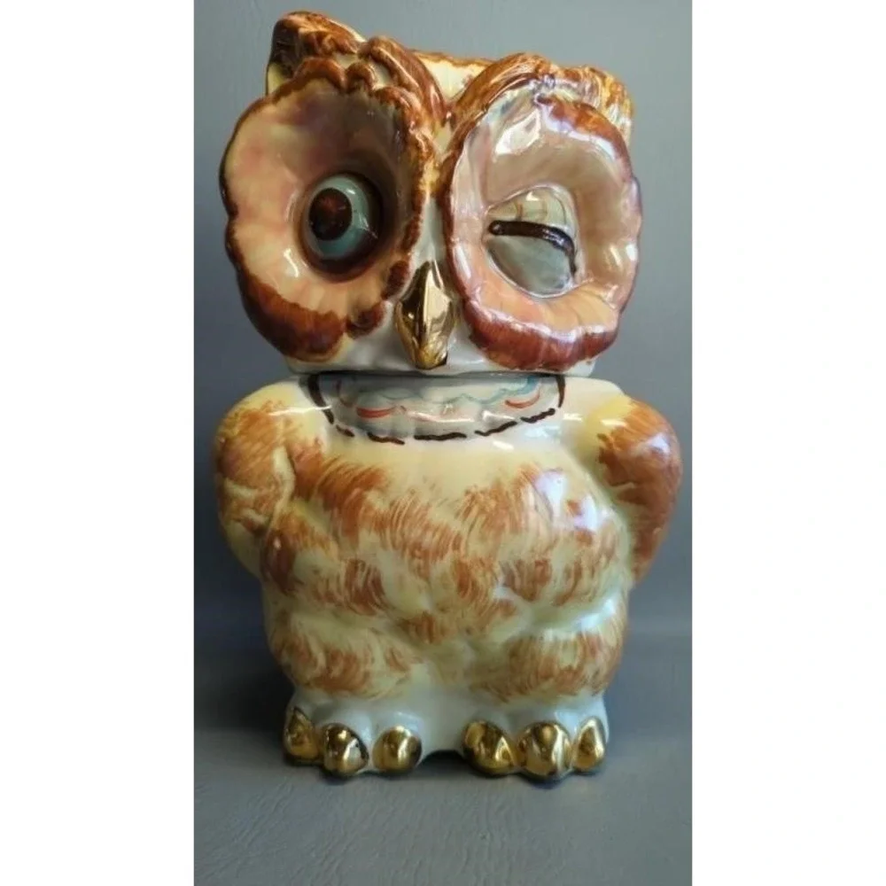 Vintage Shawnee Pottery Winking Owl Cookie Jar with Gold Trim Marked USA